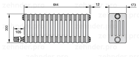 Схема (чертеж) Радиатор Zehnder Charleston 5030/14 №V003 Белый глянцевый RAL 9016